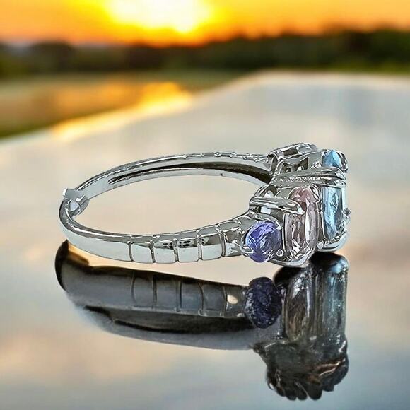 2.25ct Natural Aquamarine Morganite Tanzanite Ring 925 Sterling Silver Size 7.75 - Picture 5 of 6